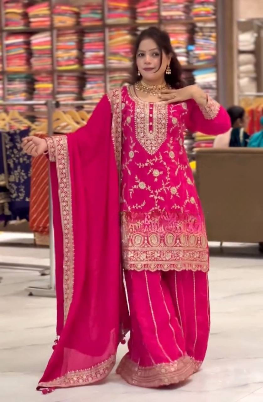 Yash Enterprise Pink Chinon Silk Party Wear Embroidery Suit Set | Grocsy