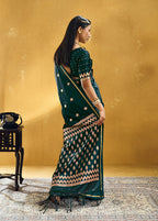 Monjolika Fashion Dark Teal Green Satin Silk Blend Saree with Gold Zari Buti | Grocsy