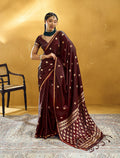 Monjolika Fashion Maroon Satin Silk Blend Saree with Gold Zari Buti | Grocsy
