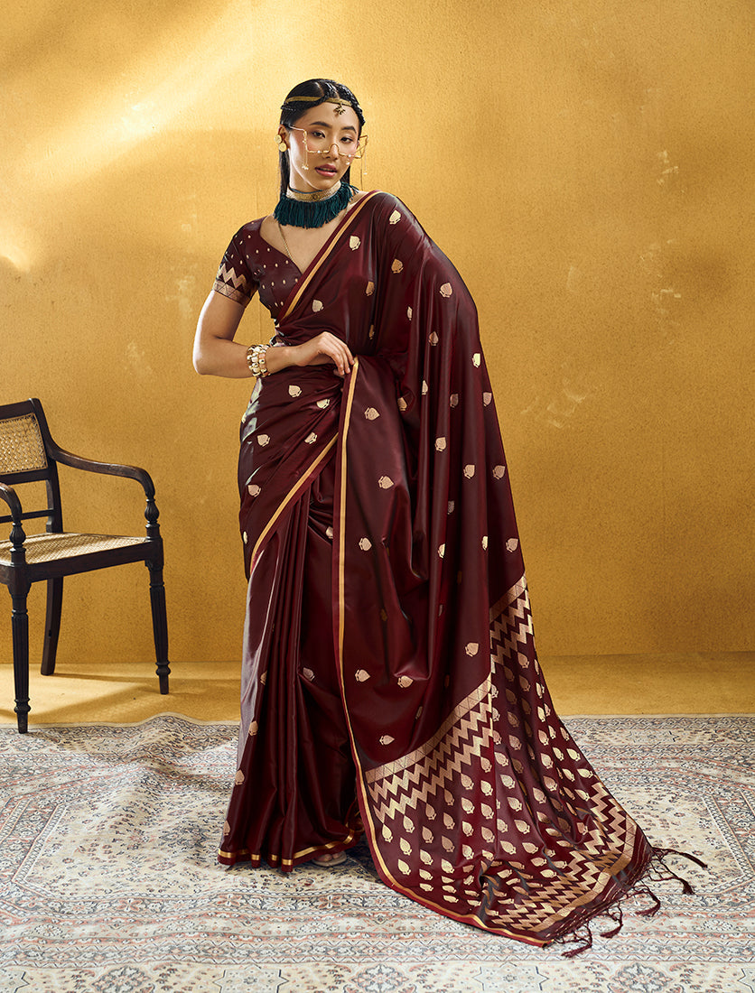 Monjolika Fashion Maroon Satin Silk Blend Saree with Gold Zari Buti | Grocsy