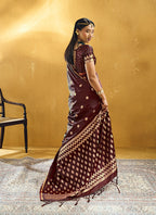 Monjolika Fashion Maroon Satin Silk Blend Saree with Gold Zari Buti | Grocsy