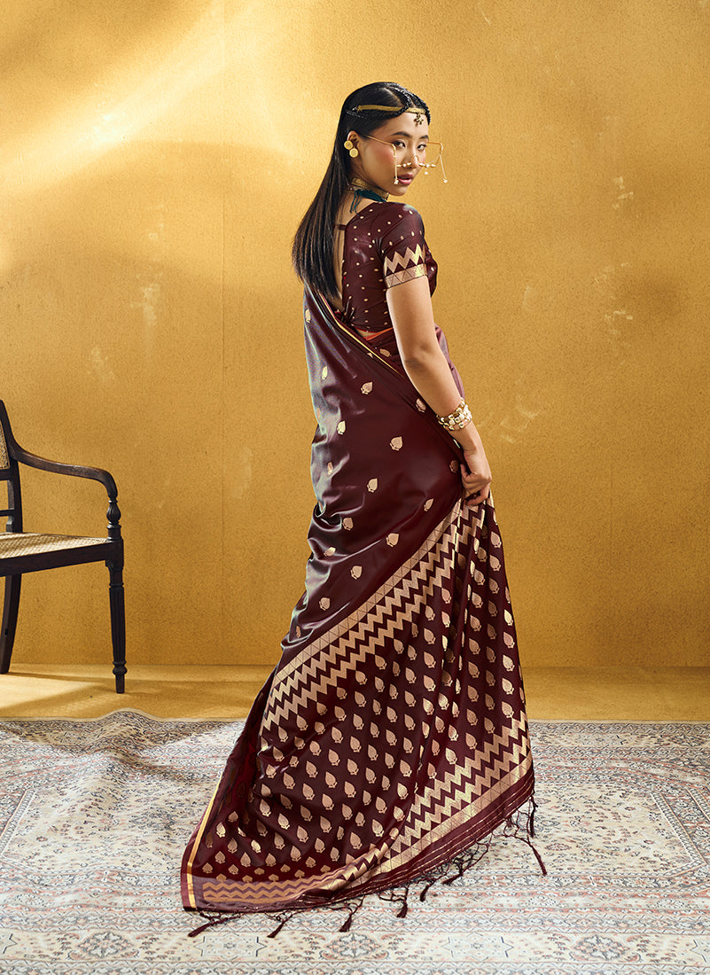Monjolika Fashion Maroon Satin Silk Blend Saree with Gold Zari Buti | Grocsy
