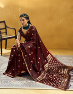 Monjolika Fashion Maroon Satin Silk Blend Saree with Gold Zari Buti | Grocsy