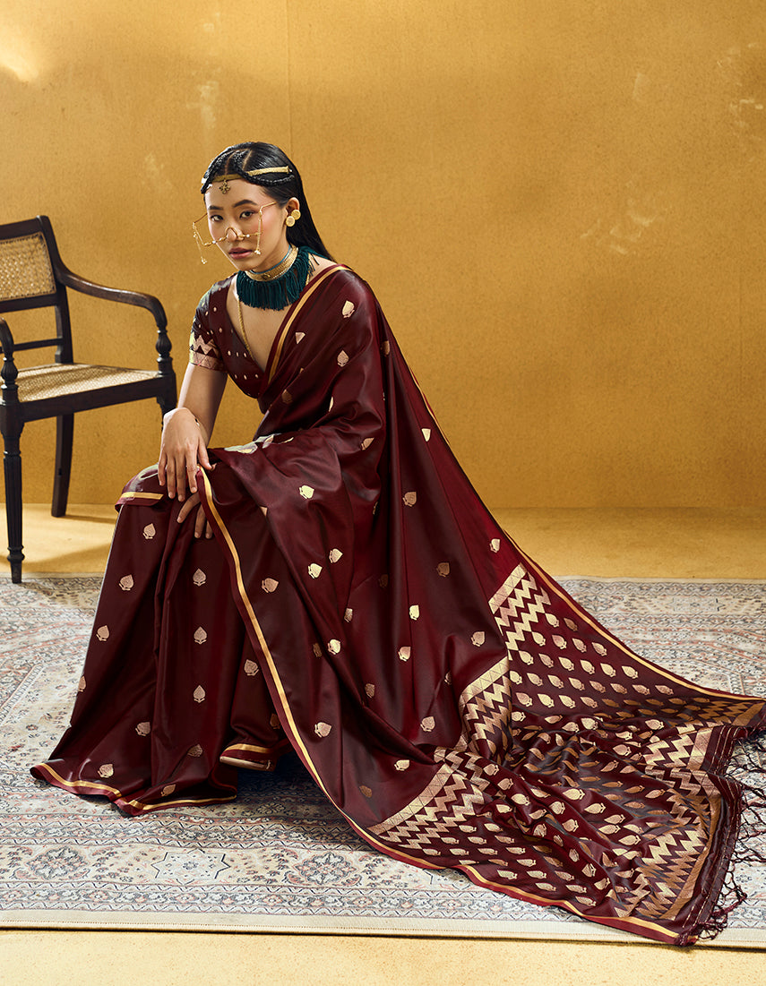Monjolika Fashion Maroon Satin Silk Blend Saree with Gold Zari Buti | Grocsy