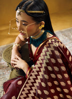 Monjolika Fashion Maroon Satin Silk Blend Saree with Gold Zari Buti | Grocsy