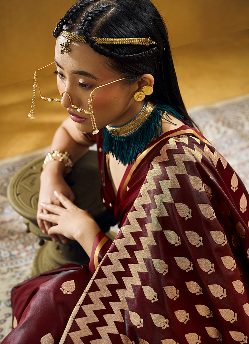 Monjolika Fashion Maroon Satin Silk Blend Saree with Gold Zari Buti | Grocsy