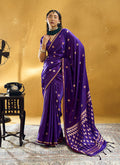 Monjolika Fashion Dark Violet Satin Silk Blend Saree with Gold Zari Buti | Grocsy