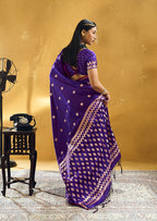 Monjolika Fashion Dark Violet Satin Silk Blend Saree with Gold Zari Buti | Grocsy