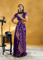 Monjolika Fashion Dark Violet Satin Silk Blend Saree with Gold Zari Buti | Grocsy