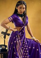 Monjolika Fashion Dark Violet Satin Silk Blend Saree with Gold Zari Buti | Grocsy