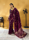 Monjolika Fashion Dark Wine Satin Silk Blend Saree with Gold Zari Buti | Grocsy