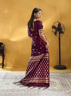 Monjolika Fashion Dark Wine Satin Silk Blend Saree with Gold Zari Buti | Grocsy