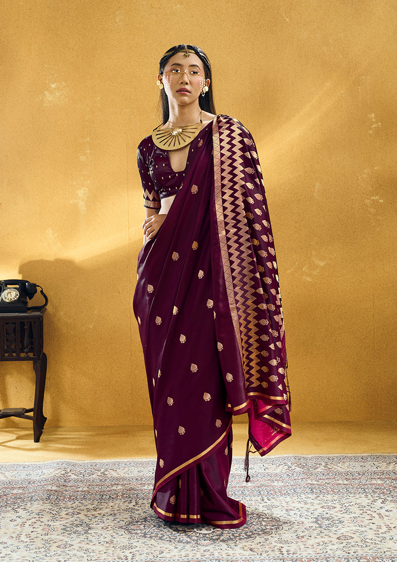Monjolika Fashion Dark Wine Satin Silk Blend Saree with Gold Zari Buti | Grocsy