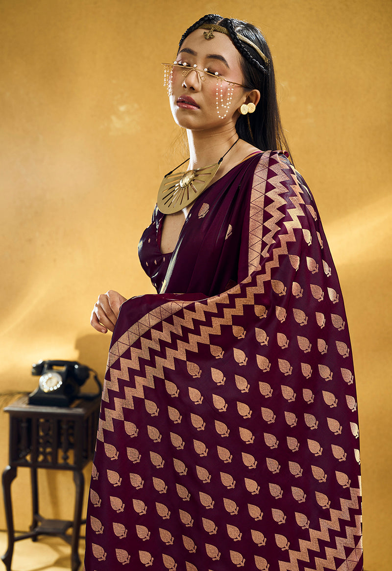 Monjolika Fashion Dark Wine Satin Silk Blend Saree with Gold Zari Buti | Grocsy