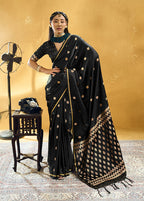 Monjolika Fashion Black Satin Silk Blend Saree with Gold Zari Buti | Grocsy