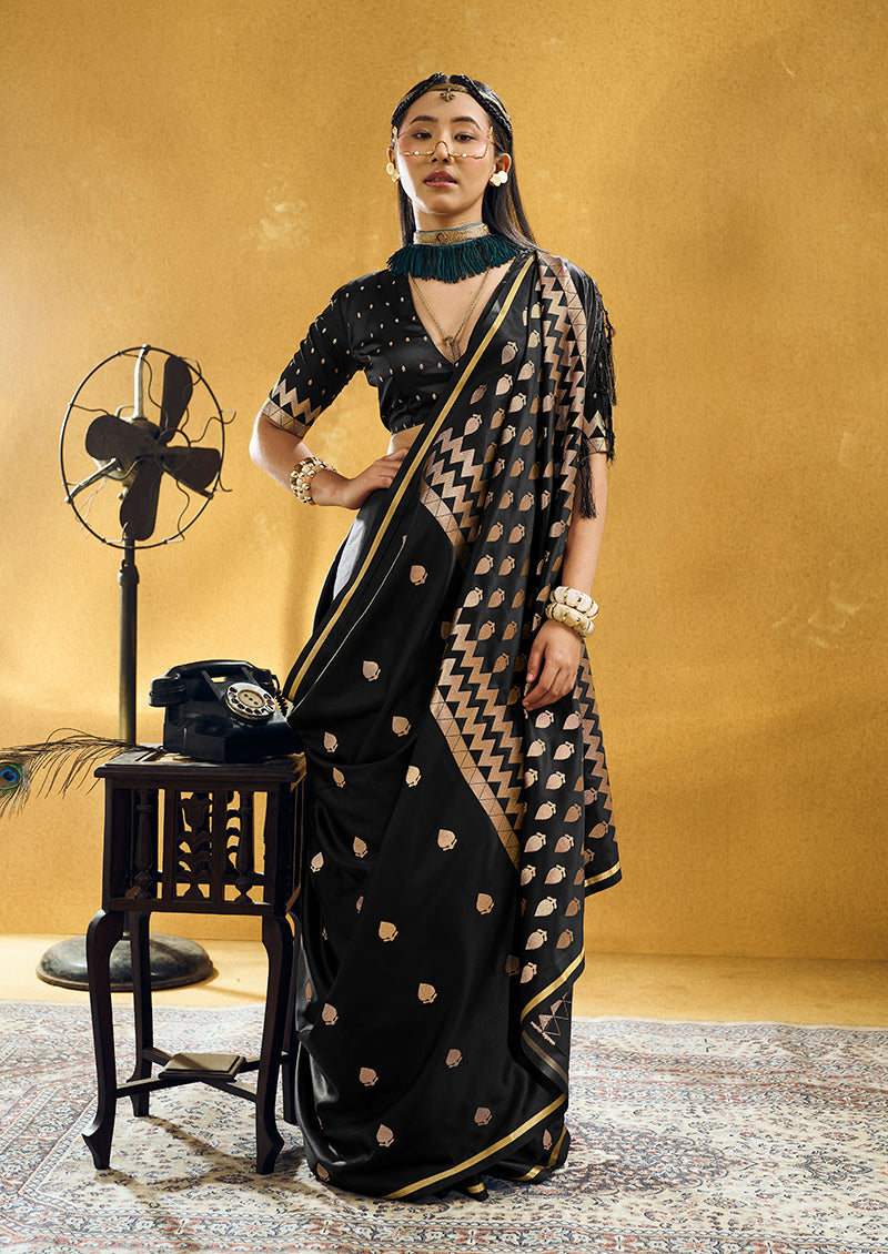 Monjolika Fashion Black Satin Silk Blend Saree with Gold Zari Buti | Grocsy