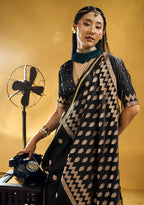 Monjolika Fashion Black Satin Silk Blend Saree with Gold Zari Buti | Grocsy