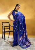 Monjolika Fashion Royal Blue Satin Silk Blend Saree with Gold Zari Buti | Grocsy