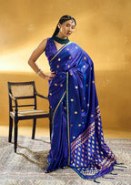 Monjolika Fashion Royal Blue Satin Silk Blend Saree with Gold Zari Buti | Grocsy