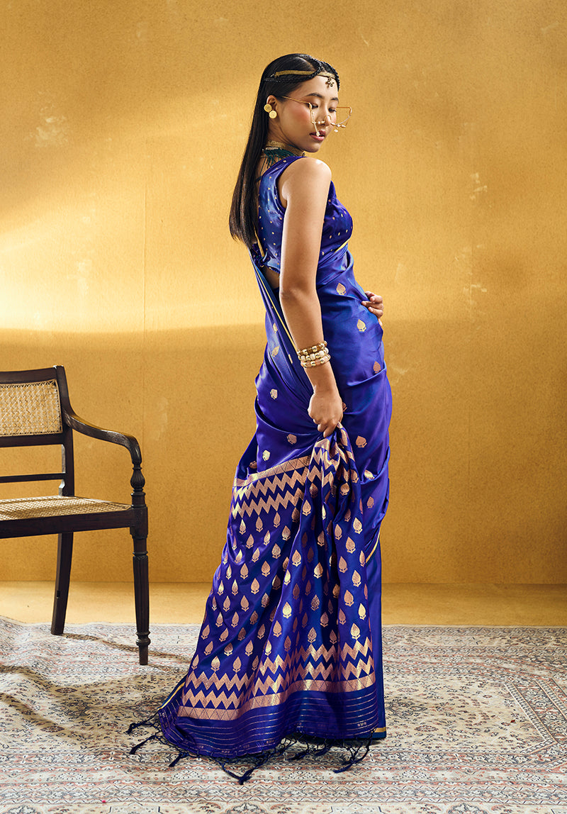 Monjolika Fashion Royal Blue Satin Silk Blend Saree with Gold Zari Buti | Grocsy