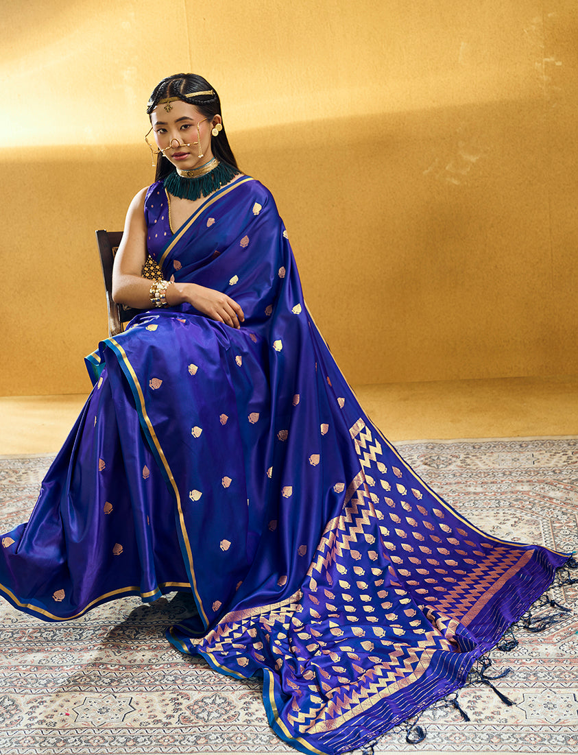 Monjolika Fashion Royal Blue Satin Silk Blend Saree with Gold Zari Buti | Grocsy
