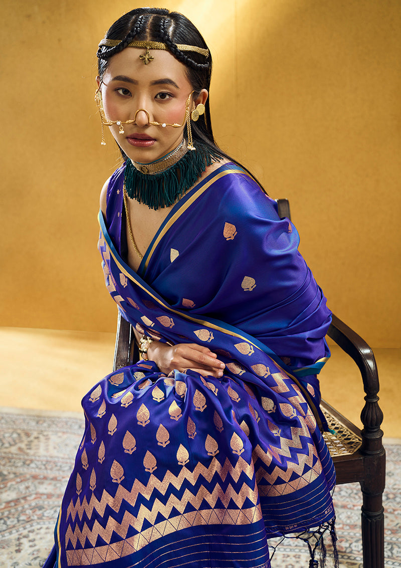 Monjolika Fashion Royal Blue Satin Silk Blend Saree with Gold Zari Buti | Grocsy