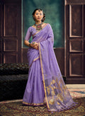 Monjolika Fashion Lavender Linen Silk Blend Saree with Gold Zari Border & Floral Pallu | Grocsy