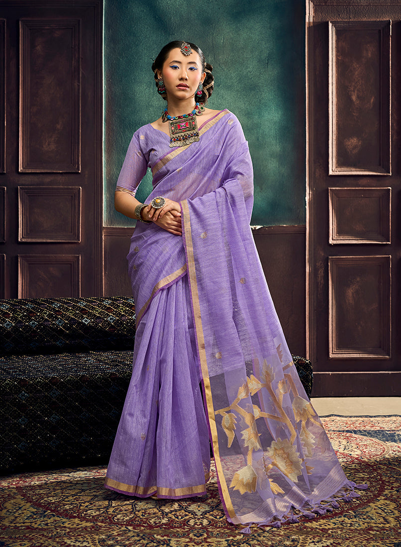 Monjolika Fashion Lavender Linen Silk Blend Saree with Gold Zari Border & Floral Pallu | Grocsy