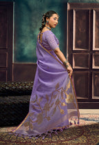 Monjolika Fashion Lavender Linen Silk Blend Saree with Gold Zari Border & Floral Pallu | Grocsy