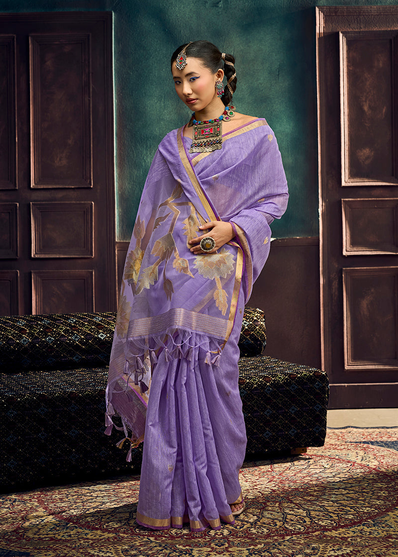 Monjolika Fashion Lavender Linen Silk Blend Saree with Gold Zari Border & Floral Pallu | Grocsy