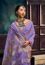 Monjolika Fashion Lavender Linen Silk Blend Saree with Gold Zari Border & Floral Pallu | Grocsy