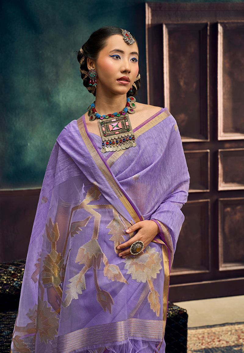 Monjolika Fashion Lavender Linen Silk Blend Saree with Gold Zari Border & Floral Pallu | Grocsy