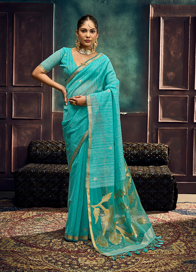 Monjolika Fashion Aqua Blue Linen Silk Blend Saree with Gold Zari Border & Floral Pallu | Grocsy