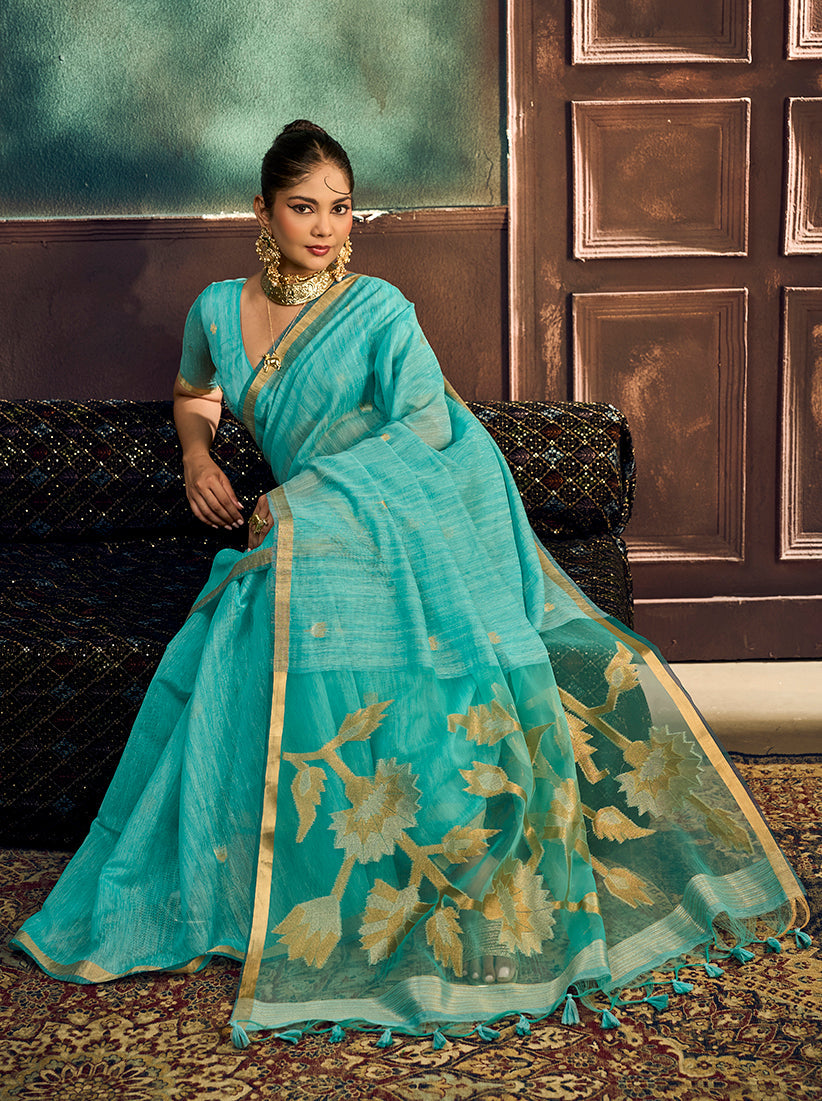 Monjolika Fashion Aqua Blue Linen Silk Blend Saree with Gold Zari Border & Floral Pallu | Grocsy