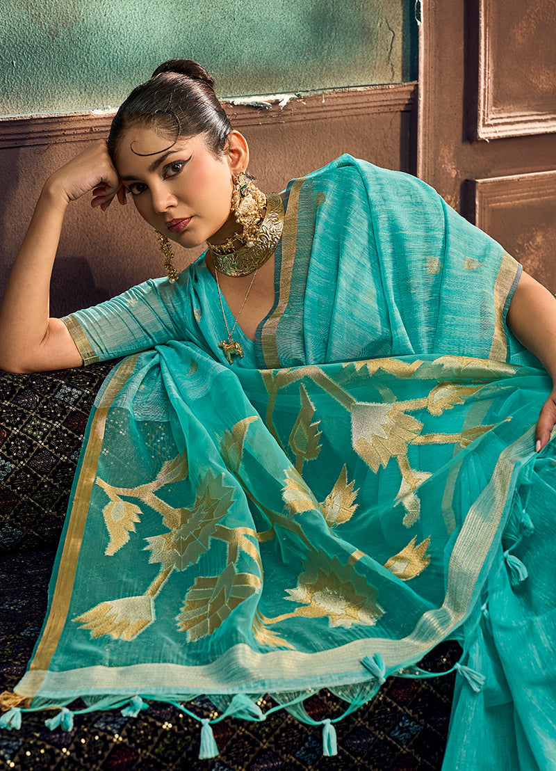 Monjolika Fashion Aqua Blue Linen Silk Blend Saree with Gold Zari Border & Floral Pallu | Grocsy