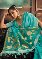 Monjolika Fashion Aqua Blue Linen Silk Blend Saree with Gold Zari Border & Floral Pallu | Grocsy