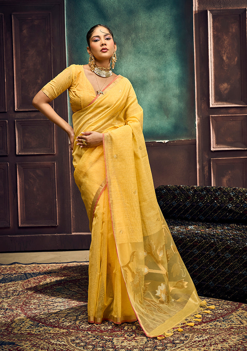 Monjolika Fashion Yellow Linen Silk Blend Saree with Gold Zari Border & Floral Pallu | Grocsy