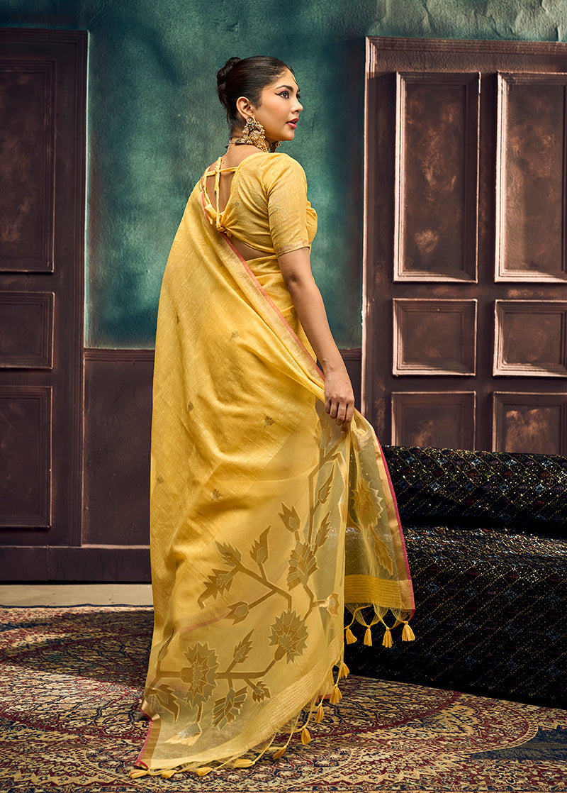 Monjolika Fashion Yellow Linen Silk Blend Saree with Gold Zari Border & Floral Pallu | Grocsy