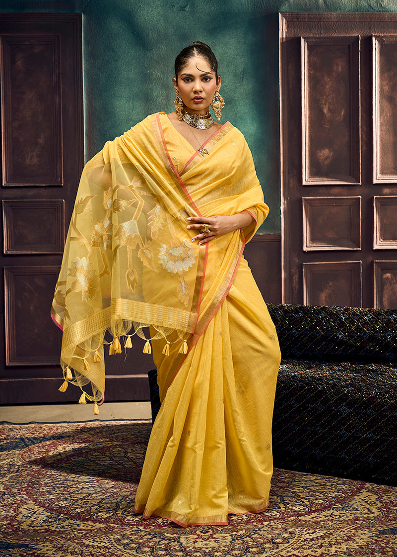 Monjolika Fashion Yellow Linen Silk Blend Saree with Gold Zari Border & Floral Pallu | Grocsy