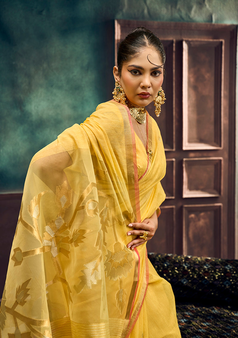 Monjolika Fashion Yellow Linen Silk Blend Saree with Gold Zari Border & Floral Pallu | Grocsy