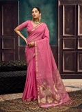 Monjolika Fashion Pink Linen Silk Blend Saree with Gold Zari Border & Floral Pallu | Grocsy