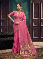 Monjolika Fashion Pink Linen Silk Blend Saree with Gold Zari Border & Floral Pallu | Grocsy