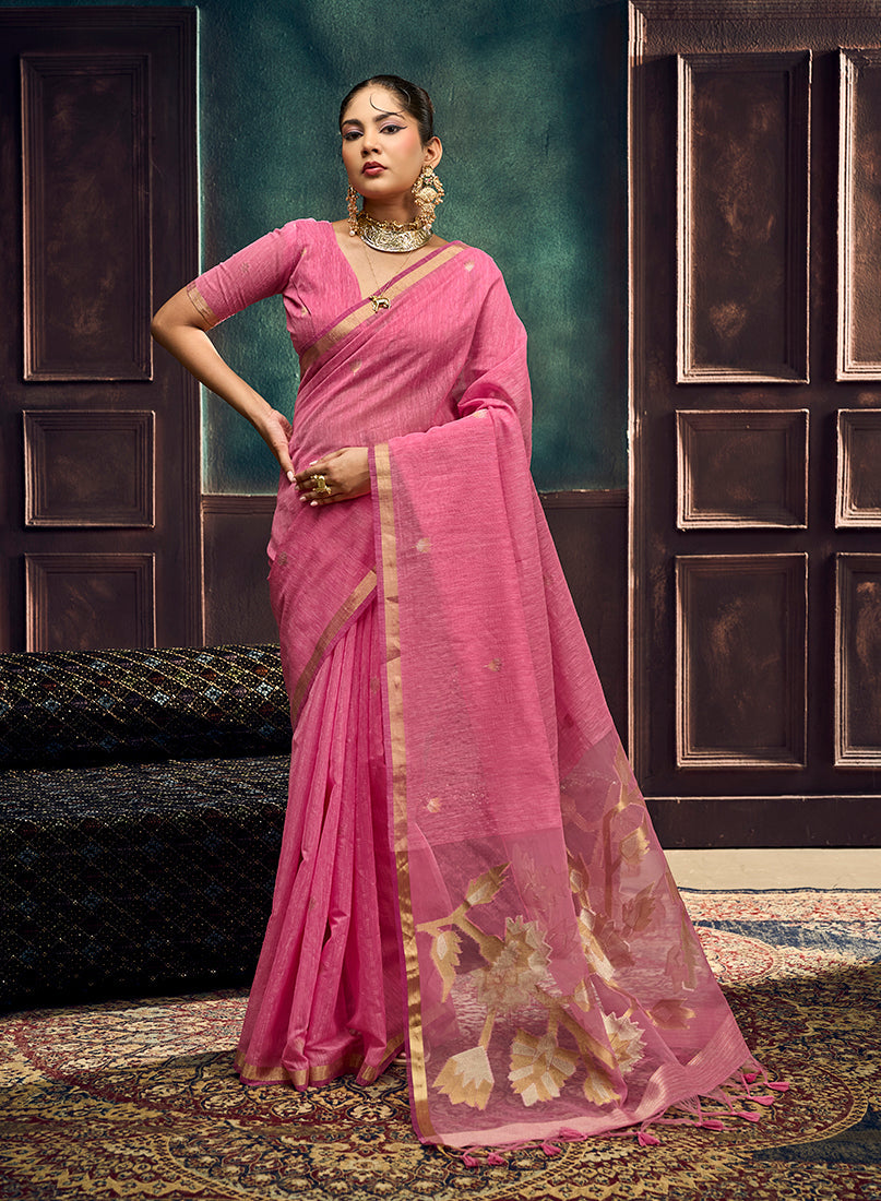 Monjolika Fashion Pink Linen Silk Blend Saree with Gold Zari Border & Floral Pallu | Grocsy
