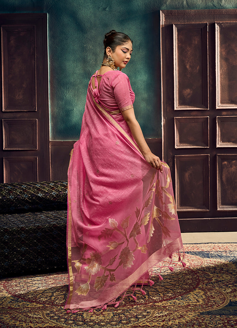 Monjolika Fashion Pink Linen Silk Blend Saree with Gold Zari Border & Floral Pallu | Grocsy