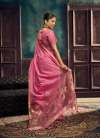 Monjolika Fashion Pink Linen Silk Blend Saree with Gold Zari Border & Floral Pallu | Grocsy