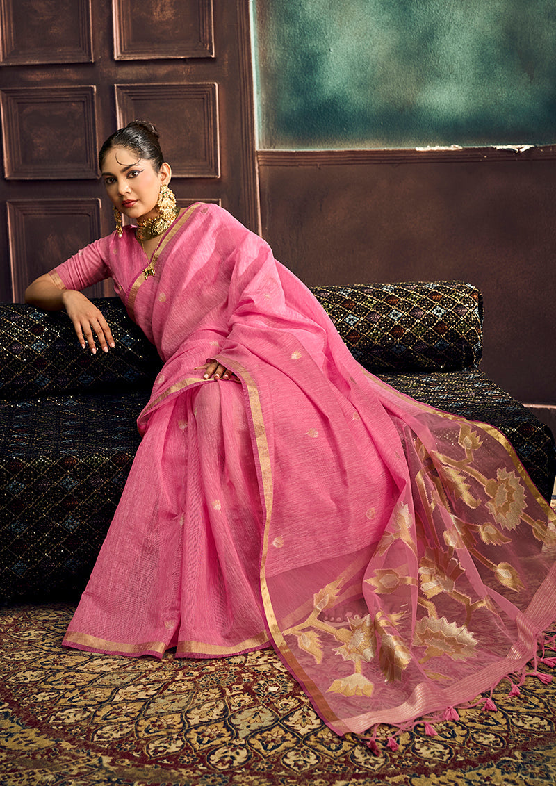 Monjolika Fashion Pink Linen Silk Blend Saree with Gold Zari Border & Floral Pallu | Grocsy