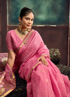 Monjolika Fashion Pink Linen Silk Blend Saree with Gold Zari Border & Floral Pallu | Grocsy