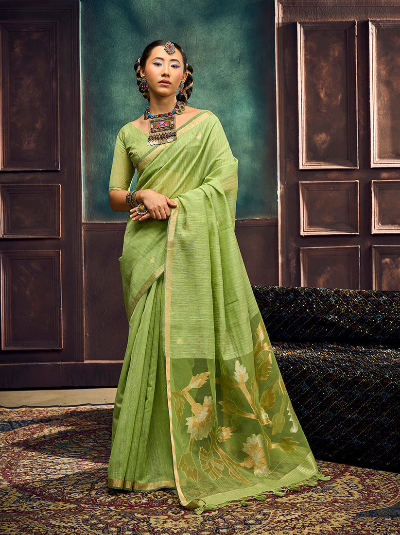Monjolika Fashion Light Green Linen Silk Blend Saree with Gold Zari Border & Floral Pallu | Grocsy