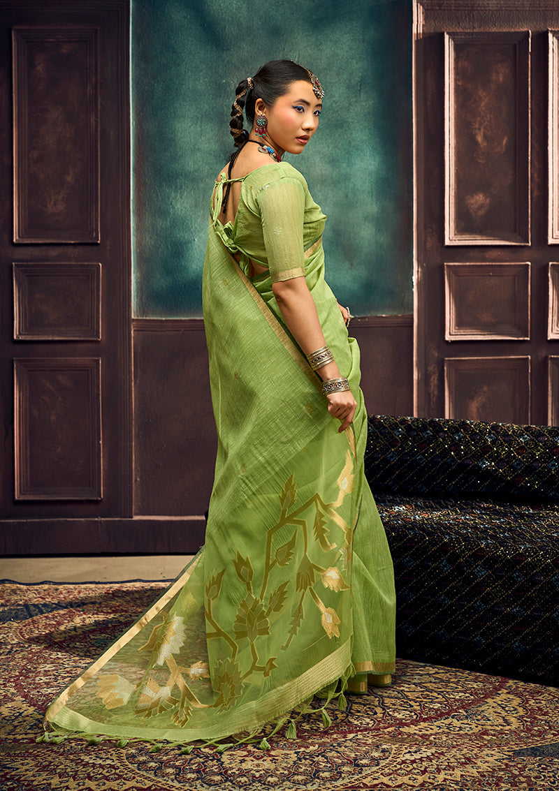 Monjolika Fashion Light Green Linen Silk Blend Saree with Gold Zari Border & Floral Pallu | Grocsy