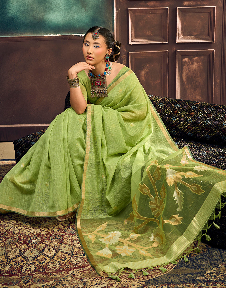 Monjolika Fashion Light Green Linen Silk Blend Saree with Gold Zari Border & Floral Pallu | Grocsy